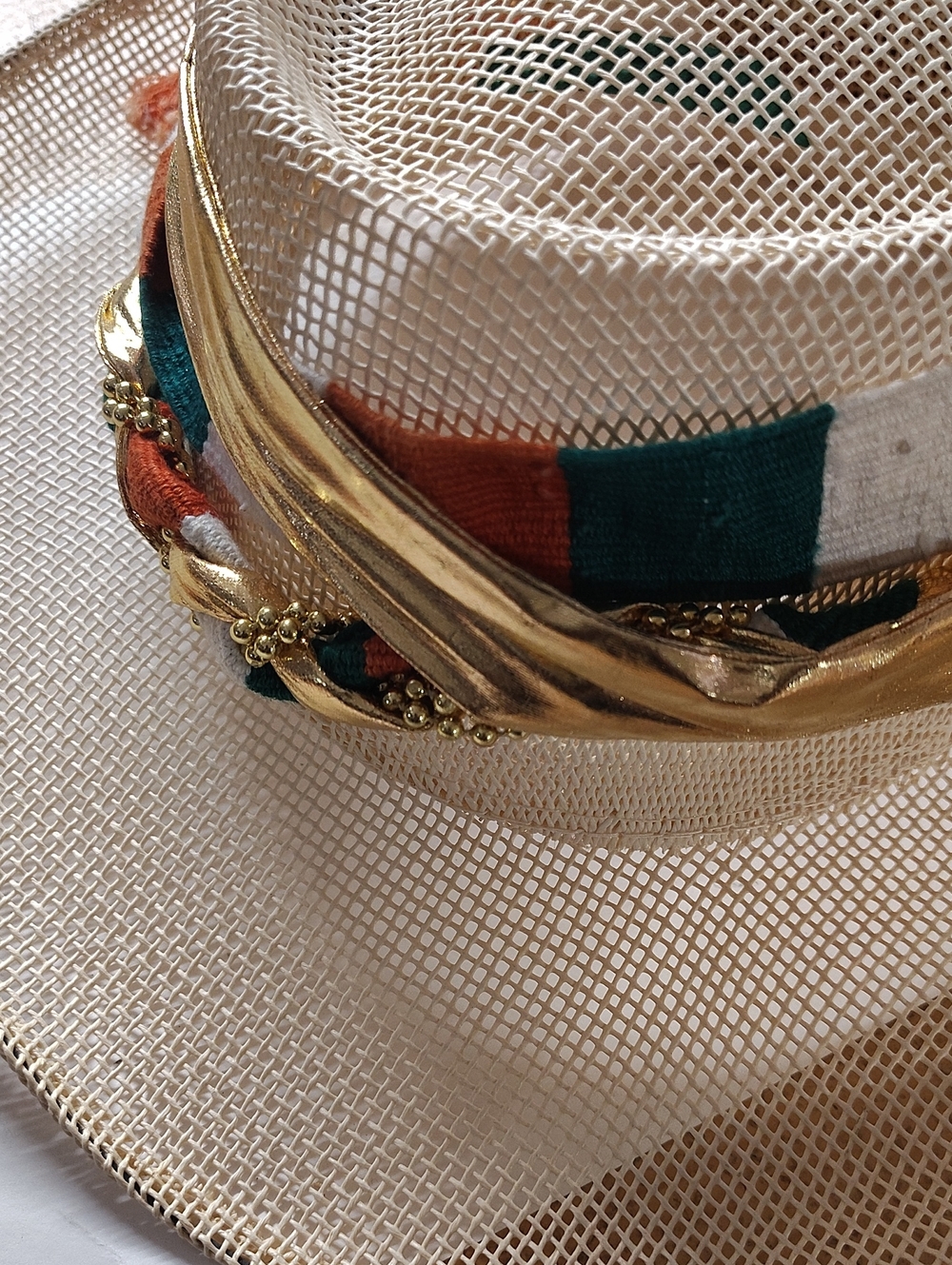 Cream Straw Fedora with Gold Trim and Teal-Orange Band